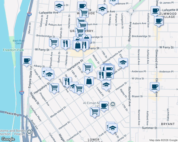 map of restaurants, bars, coffee shops, grocery stores, and more near 335 Massachusetts Avenue in Buffalo