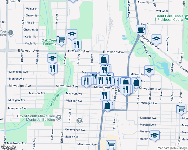 map of restaurants, bars, coffee shops, grocery stores, and more near 1917 13th Avenue in South Milwaukee