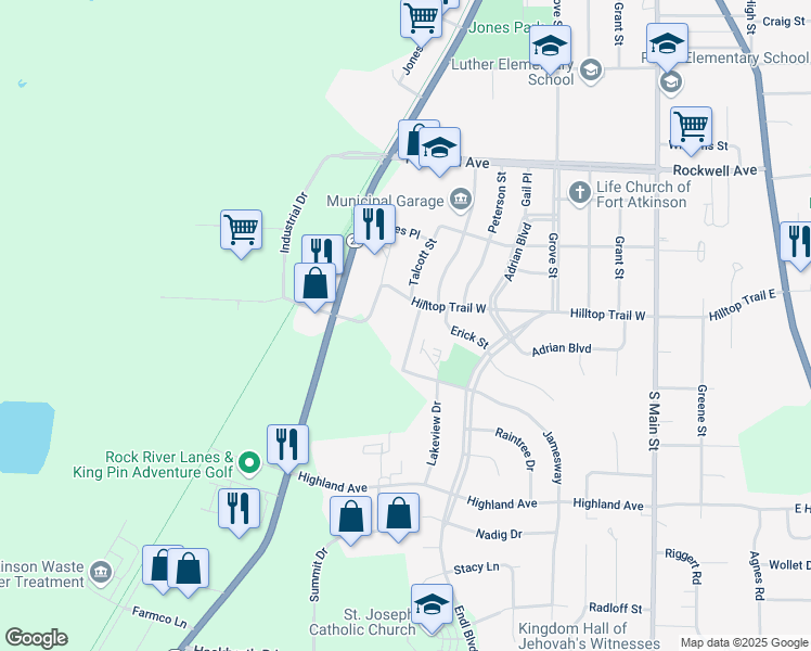map of restaurants, bars, coffee shops, grocery stores, and more near 1217 Talcott Street in Fort Atkinson