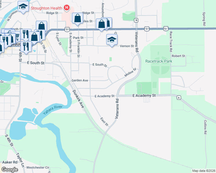 map of restaurants, bars, coffee shops, grocery stores, and more near 1309 Moline Street in Stoughton