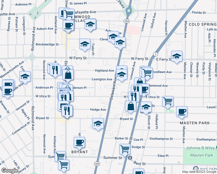 map of restaurants, bars, coffee shops, grocery stores, and more near 1042 Delaware Avenue in Buffalo