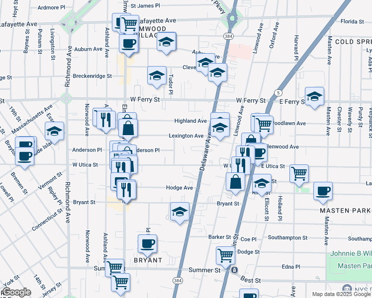 map of restaurants, bars, coffee shops, grocery stores, and more near 1042 Delaware Avenue in Buffalo