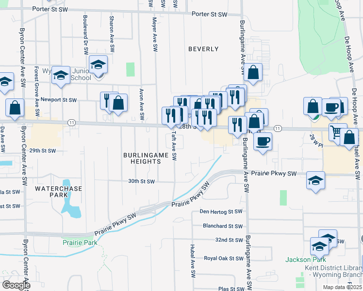 map of restaurants, bars, coffee shops, grocery stores, and more near 2874 Taft Avenue Southwest in Wyoming