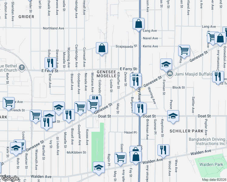 map of restaurants, bars, coffee shops, grocery stores, and more near 27 Leslie Street in Buffalo