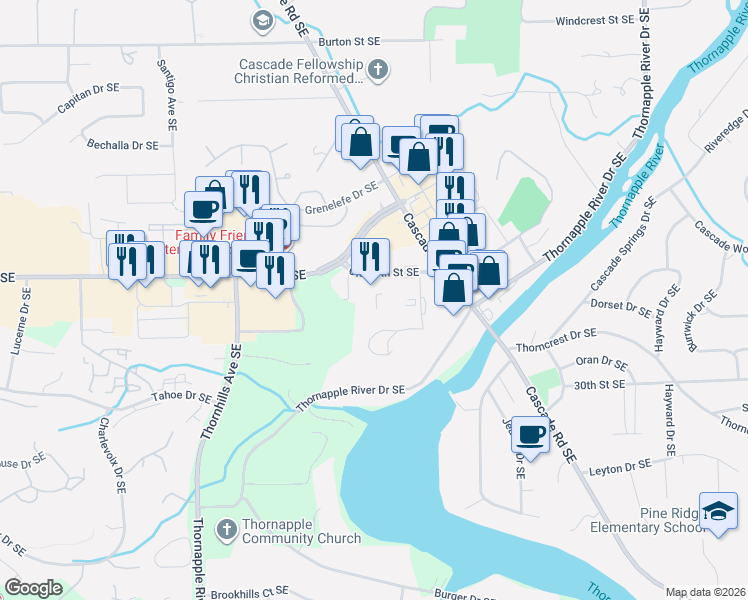 map of restaurants, bars, coffee shops, grocery stores, and more near 6772 Old 28th Street Southeast in Grand Rapids