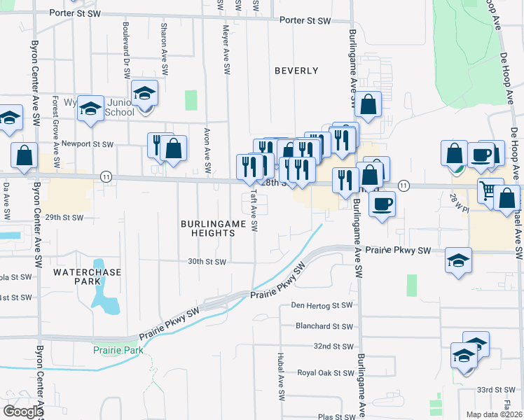 map of restaurants, bars, coffee shops, grocery stores, and more near 2880 Taft Avenue Southwest in Wyoming