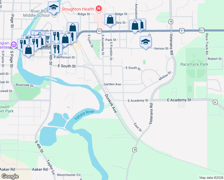 map of restaurants, bars, coffee shops, grocery stores, and more near 1000 Moline Street in Stoughton