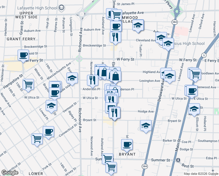 map of restaurants, bars, coffee shops, grocery stores, and more near 114 Anderson Place in Buffalo