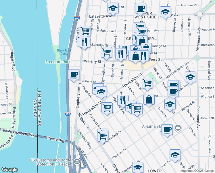 map of restaurants, bars, coffee shops, grocery stores, and more near 575 Plymouth Avenue in Buffalo