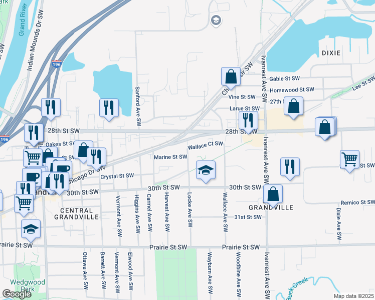 map of restaurants, bars, coffee shops, grocery stores, and more near 2848 Locke Avenue Southwest in Grandville