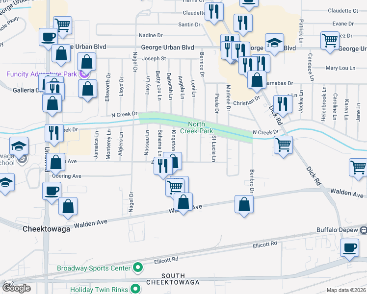 map of restaurants, bars, coffee shops, grocery stores, and more near 12 Honduras Lane in Buffalo