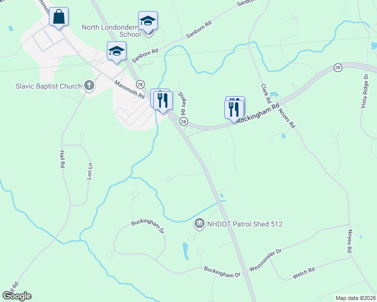 map of restaurants, bars, coffee shops, grocery stores, and more near 489 Mammoth Road in Londonderry