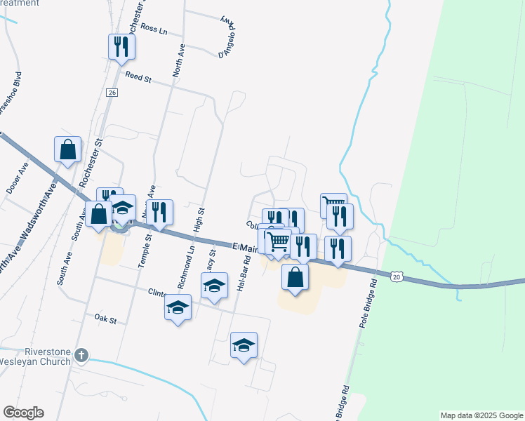map of restaurants, bars, coffee shops, grocery stores, and more near 549 Collins Street in Avon