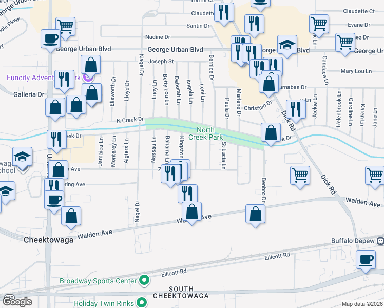 map of restaurants, bars, coffee shops, grocery stores, and more near 12 Honduras Lane in Buffalo
