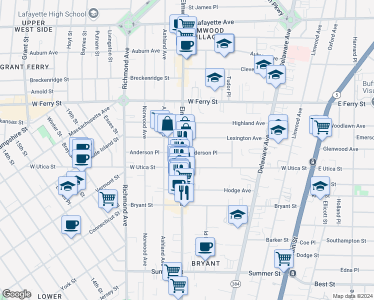 map of restaurants, bars, coffee shops, grocery stores, and more near 159 Anderson Place in Buffalo