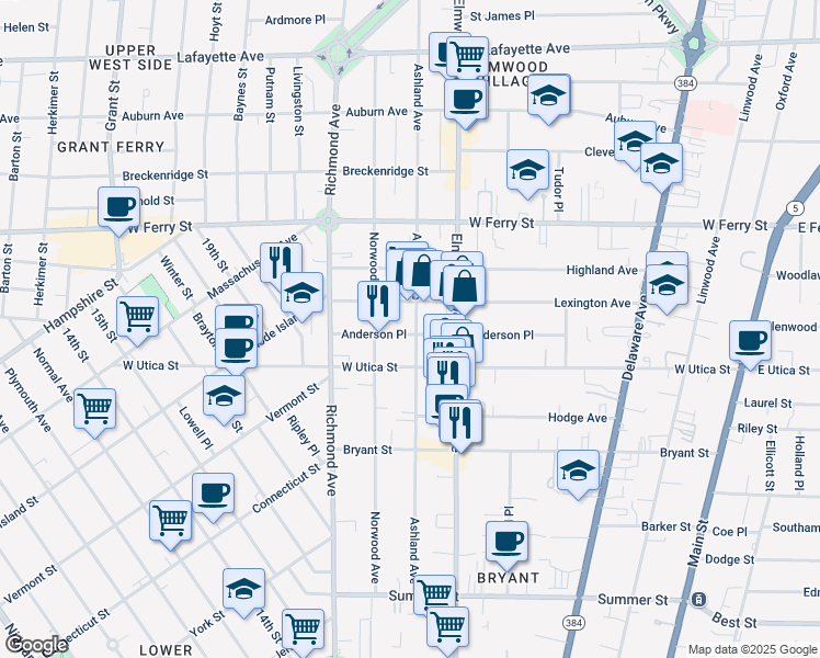 map of restaurants, bars, coffee shops, grocery stores, and more near 262 Ashland Avenue in Buffalo