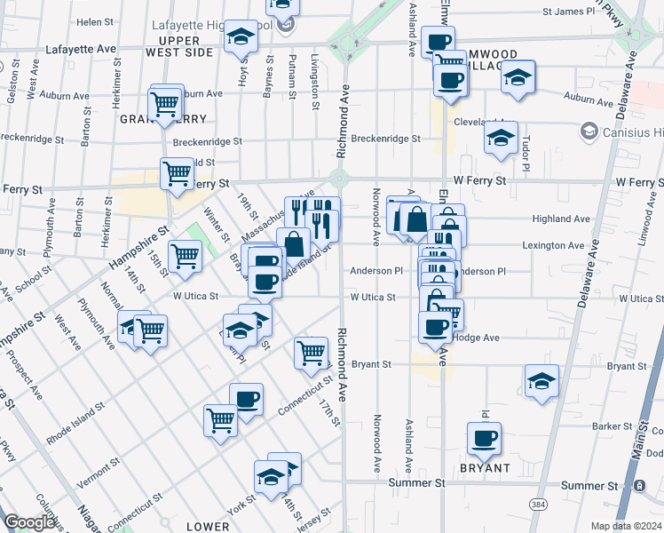 map of restaurants, bars, coffee shops, grocery stores, and more near 356 Richmond Avenue in Buffalo