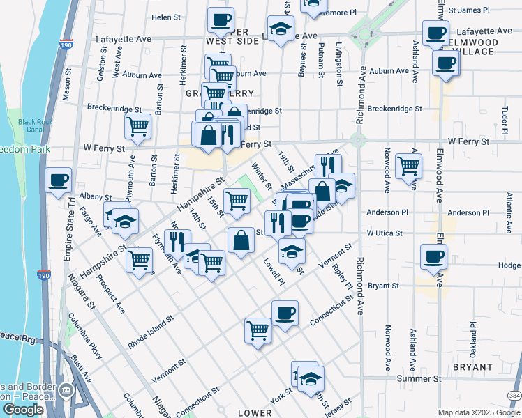 map of restaurants, bars, coffee shops, grocery stores, and more near 30 Shields Avenue in Buffalo