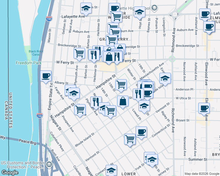 map of restaurants, bars, coffee shops, grocery stores, and more near 302 15th Street in Buffalo