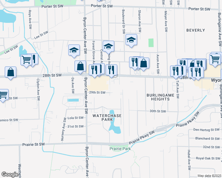 map of restaurants, bars, coffee shops, grocery stores, and more near 2220 29th Street Southwest in Wyoming