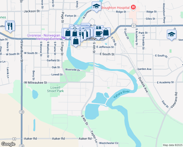 map of restaurants, bars, coffee shops, grocery stores, and more near 816 South 4th Street in Stoughton