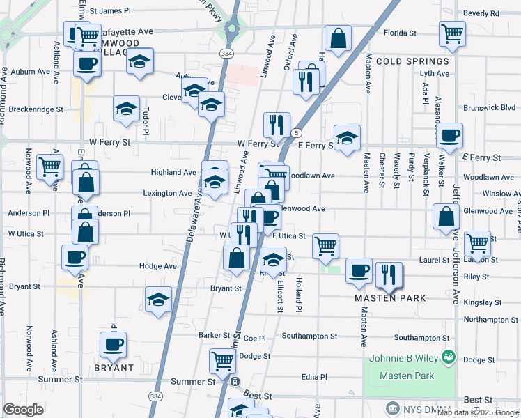 map of restaurants, bars, coffee shops, grocery stores, and more near in Buffalo