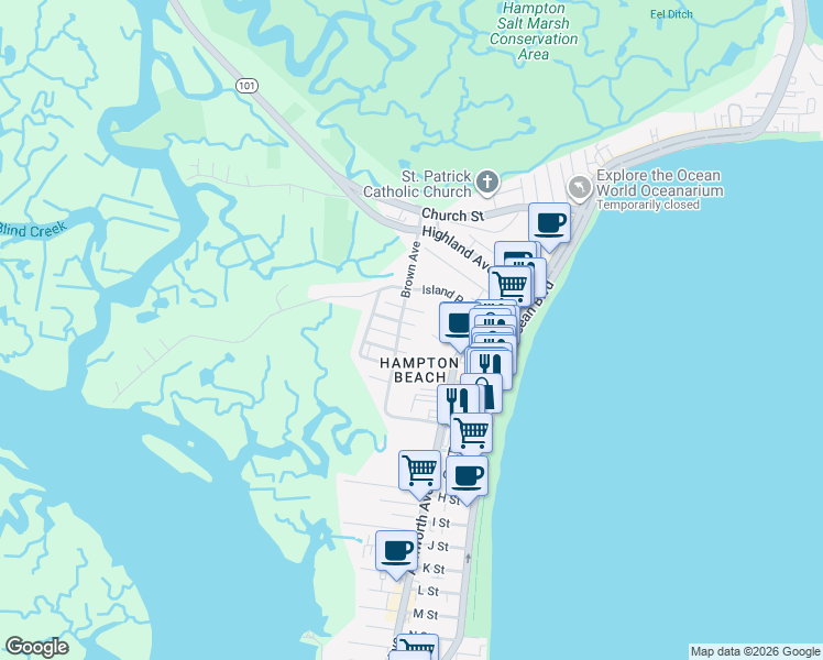 map of restaurants, bars, coffee shops, grocery stores, and more near in Hampton