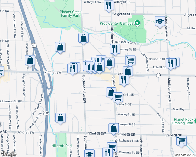 map of restaurants, bars, coffee shops, grocery stores, and more near 48 Honeoye Street Southwest in Grand Rapids