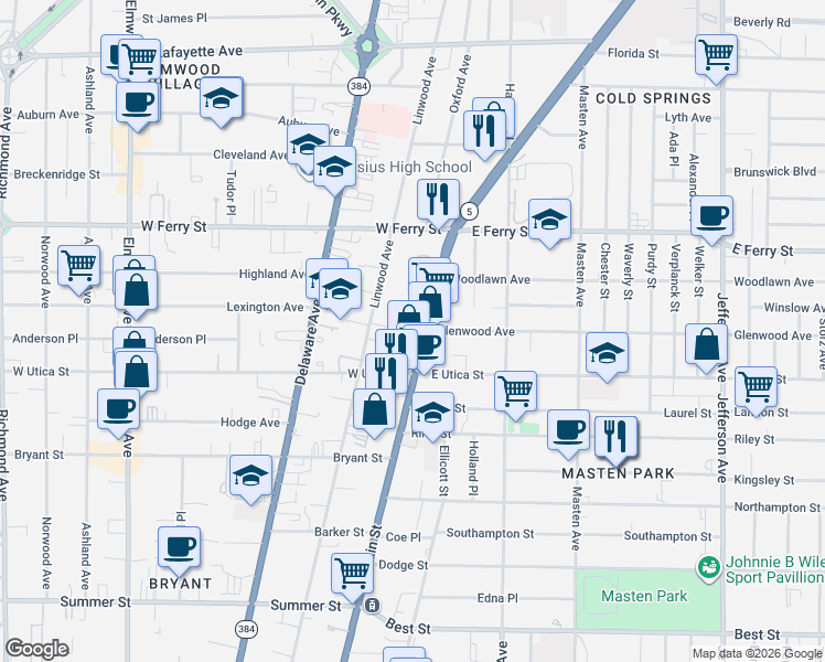 map of restaurants, bars, coffee shops, grocery stores, and more near 1420 Main Street in Buffalo
