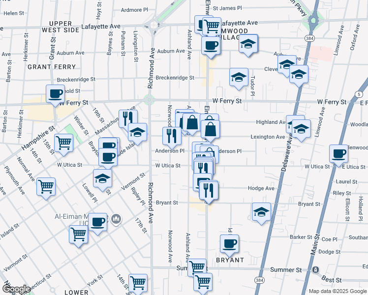 map of restaurants, bars, coffee shops, grocery stores, and more near 262 Ashland Avenue in Buffalo