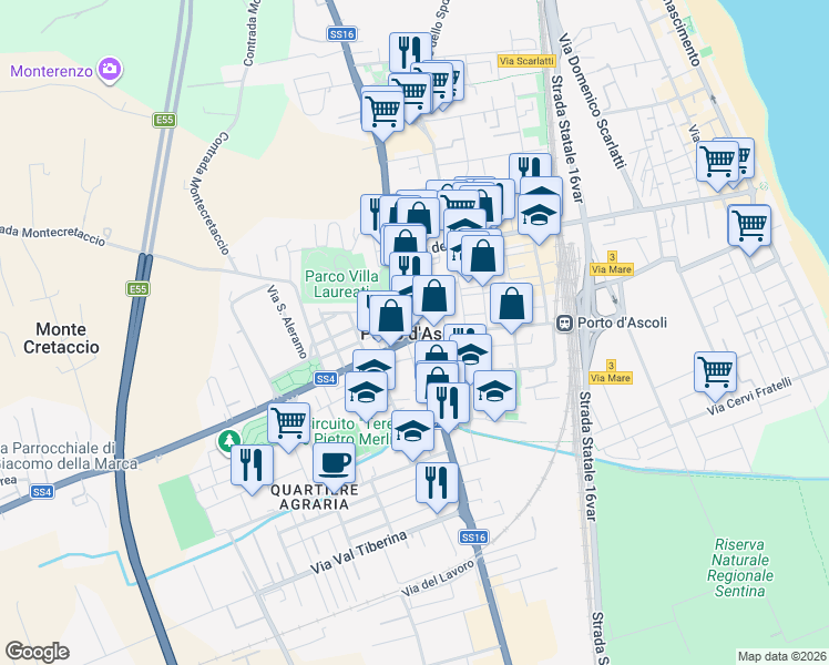 map of restaurants, bars, coffee shops, grocery stores, and more near 31 Via Torino in San Benedetto del Tronto