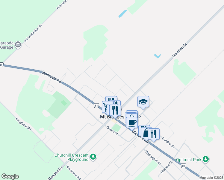 map of restaurants, bars, coffee shops, grocery stores, and more near 2572 Lucas Avenue in Mount Brydges