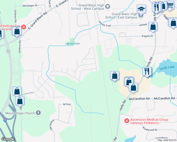 map of restaurants, bars, coffee shops, grocery stores, and more near 400 Hunt Club Drive in Grand Blanc
