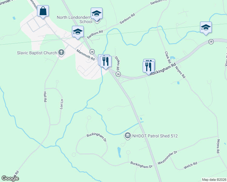 map of restaurants, bars, coffee shops, grocery stores, and more near 1-99 Leelynn Cir in Londonderry
