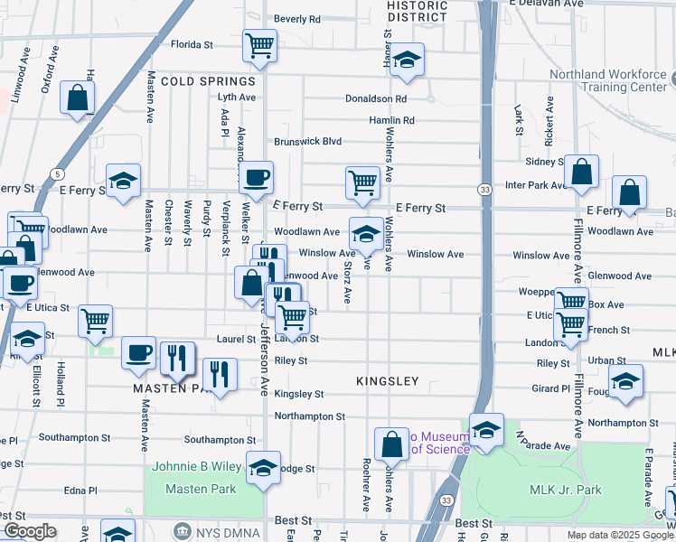 map of restaurants, bars, coffee shops, grocery stores, and more near 26 Storz Avenue in Buffalo