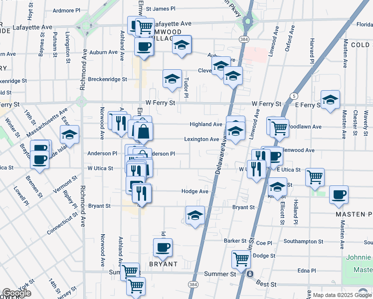 map of restaurants, bars, coffee shops, grocery stores, and more near 239 Anderson Place in Buffalo