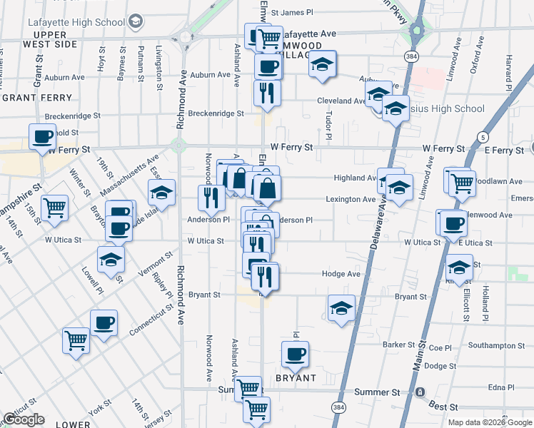 map of restaurants, bars, coffee shops, grocery stores, and more near in Buffalo