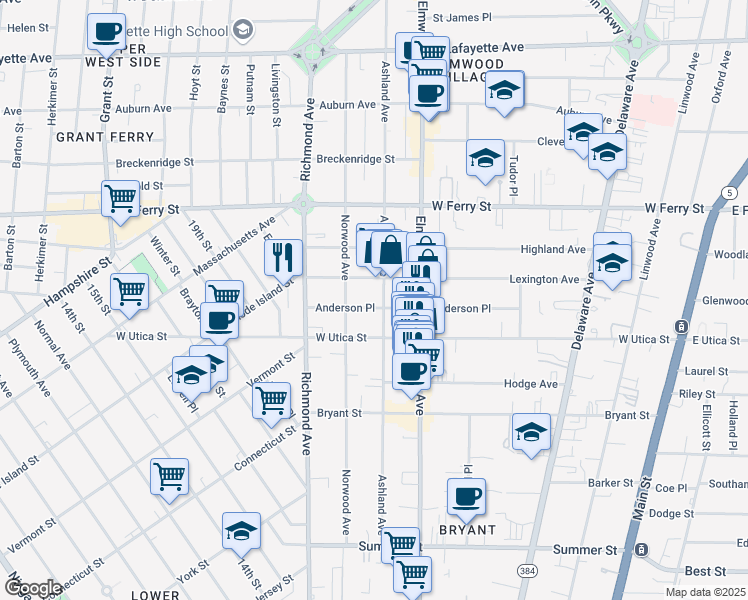 map of restaurants, bars, coffee shops, grocery stores, and more near 262 Ashland Avenue in Buffalo