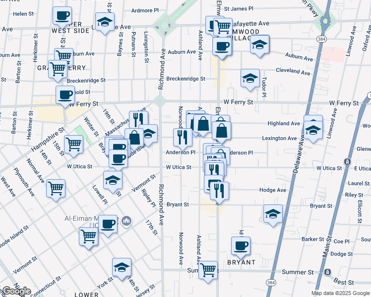 map of restaurants, bars, coffee shops, grocery stores, and more near 262 Norwood Avenue in Buffalo