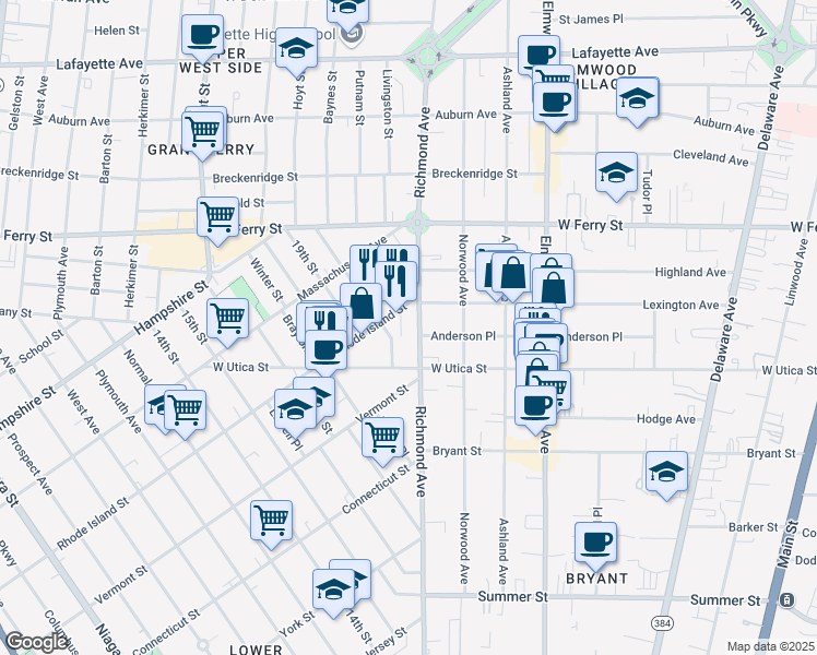 map of restaurants, bars, coffee shops, grocery stores, and more near 356 Richmond Avenue in Buffalo