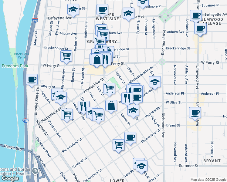 map of restaurants, bars, coffee shops, grocery stores, and more near 335 Massachusetts Avenue in Buffalo
