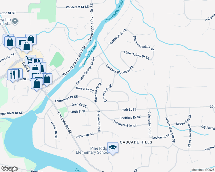 map of restaurants, bars, coffee shops, grocery stores, and more near 2874 Burrwick Drive Southeast in Grand Rapids