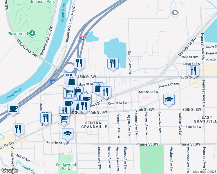 map of restaurants, bars, coffee shops, grocery stores, and more near 3765 White Street Southwest in Grandville