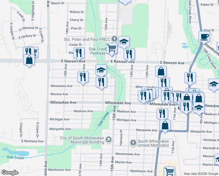 map of restaurants, bars, coffee shops, grocery stores, and more near 1520 Monroe Avenue in South Milwaukee