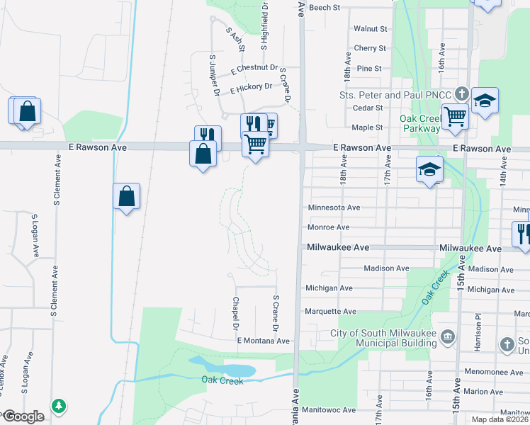map of restaurants, bars, coffee shops, grocery stores, and more near 7300 South Delaine Drive in Oak Creek
