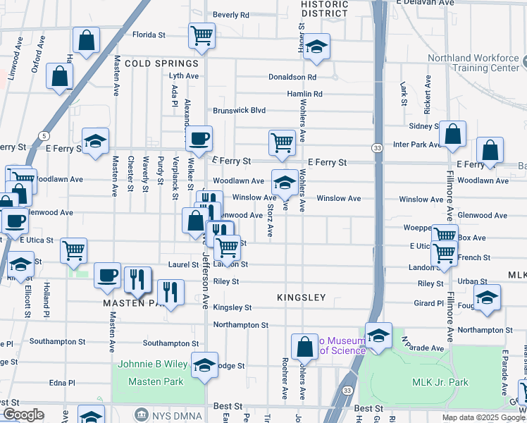 map of restaurants, bars, coffee shops, grocery stores, and more near 26 Storz Avenue in Buffalo