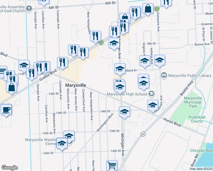 map of restaurants, bars, coffee shops, grocery stores, and more near 107 Huron Boulevard in Marysville