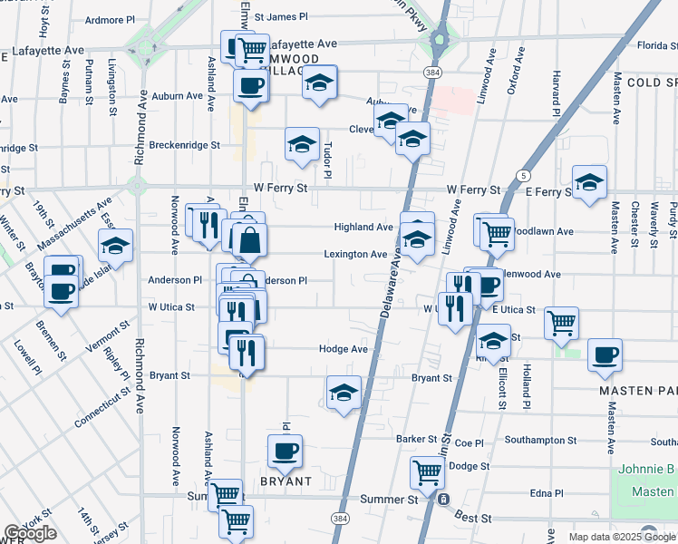 map of restaurants, bars, coffee shops, grocery stores, and more near 239 Anderson Place in Buffalo