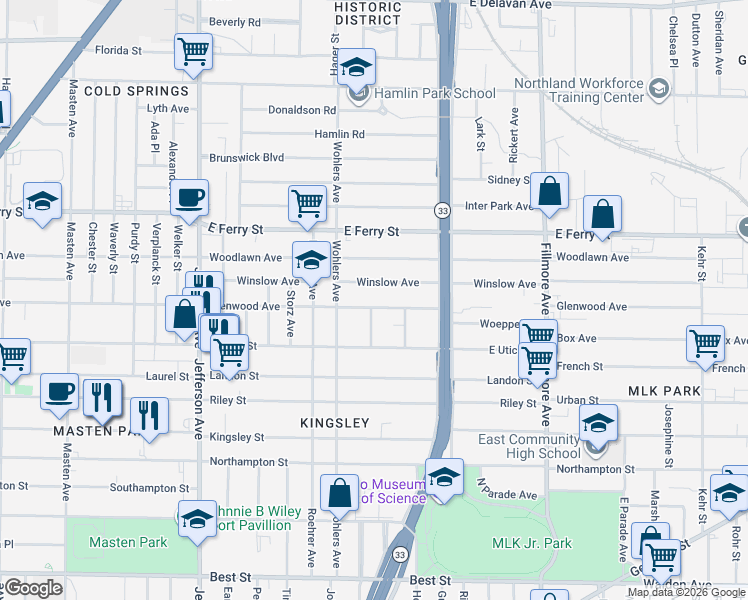 map of restaurants, bars, coffee shops, grocery stores, and more near 506 Glenwood Avenue in Buffalo