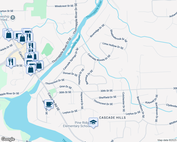 map of restaurants, bars, coffee shops, grocery stores, and more near 2874 Burrwick Drive Southeast in Grand Rapids